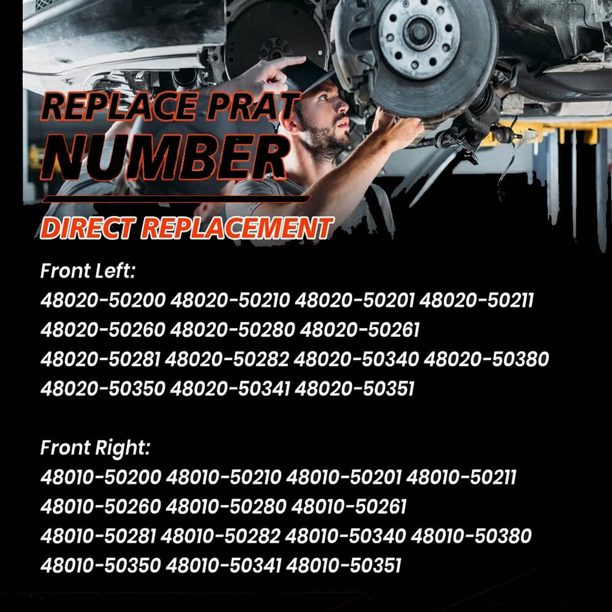 Direct replacement front air shock strut promo graphic with wrench-holding mechanic