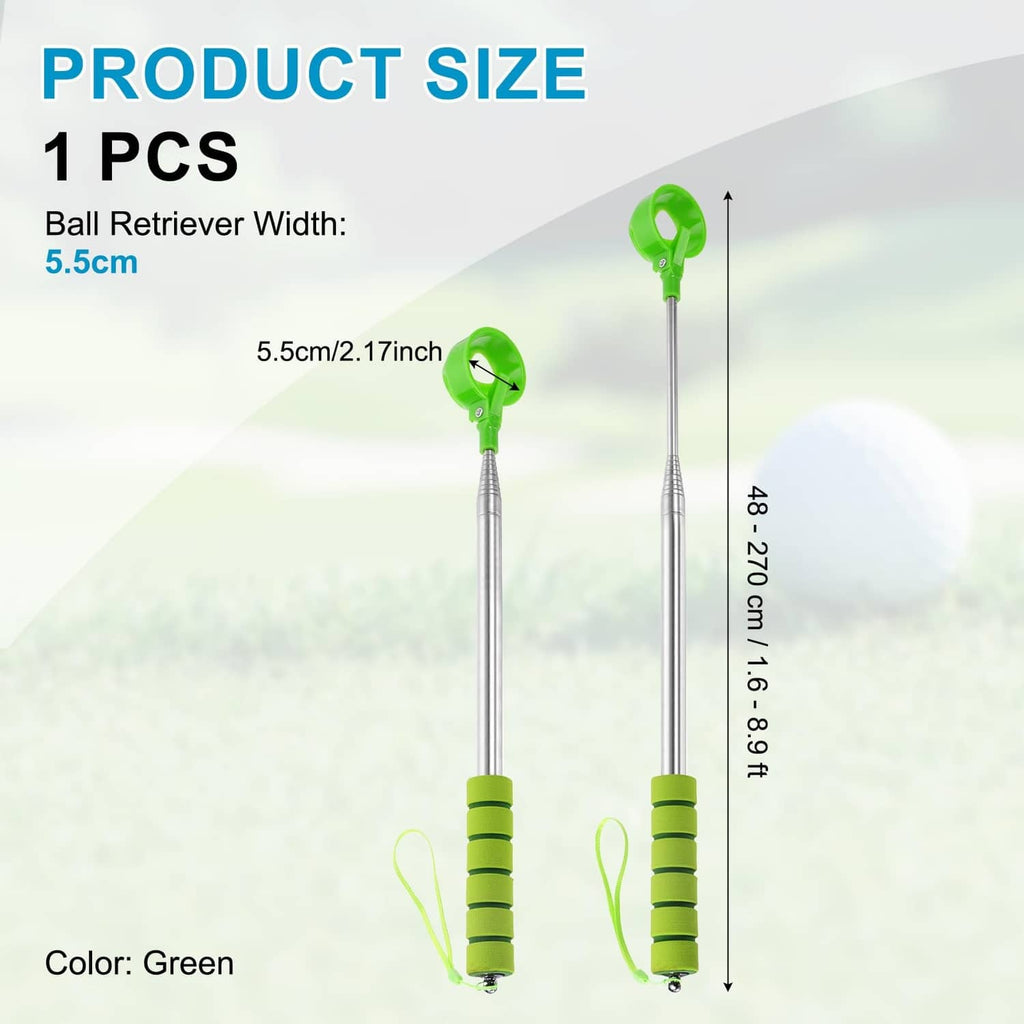 Green telescopic golf ball retriever with forked picking head and segmented handle
