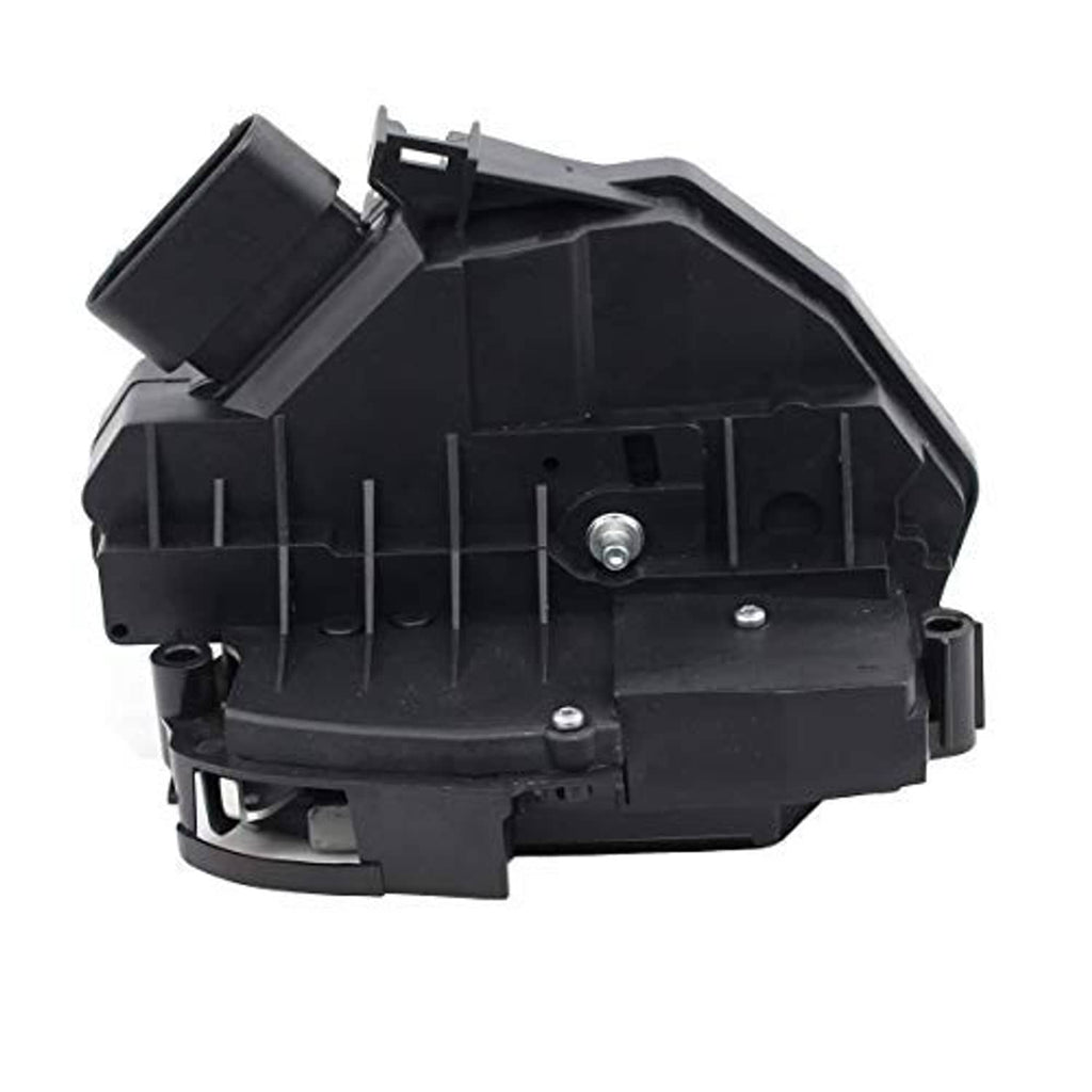 Black door lock latch actuator, side view with metal pin and mounting holes