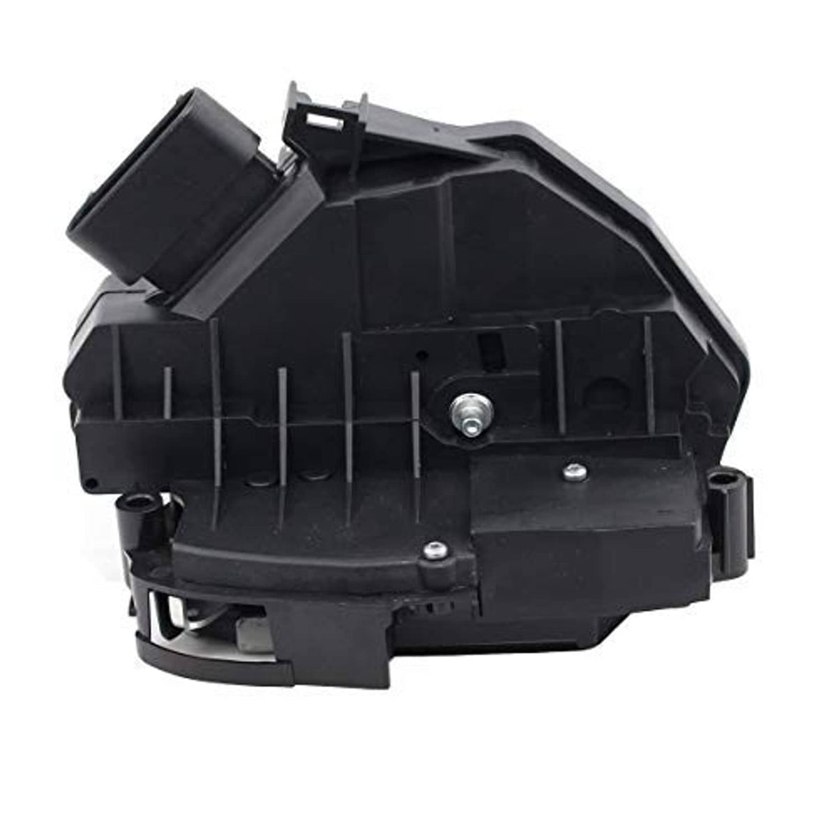 Black door lock latch actuator, side view with metal pin and mounting holes