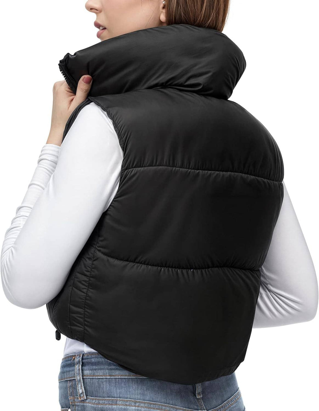 Women's cropped black puffer vest back view with stand collar and zip-front closure.