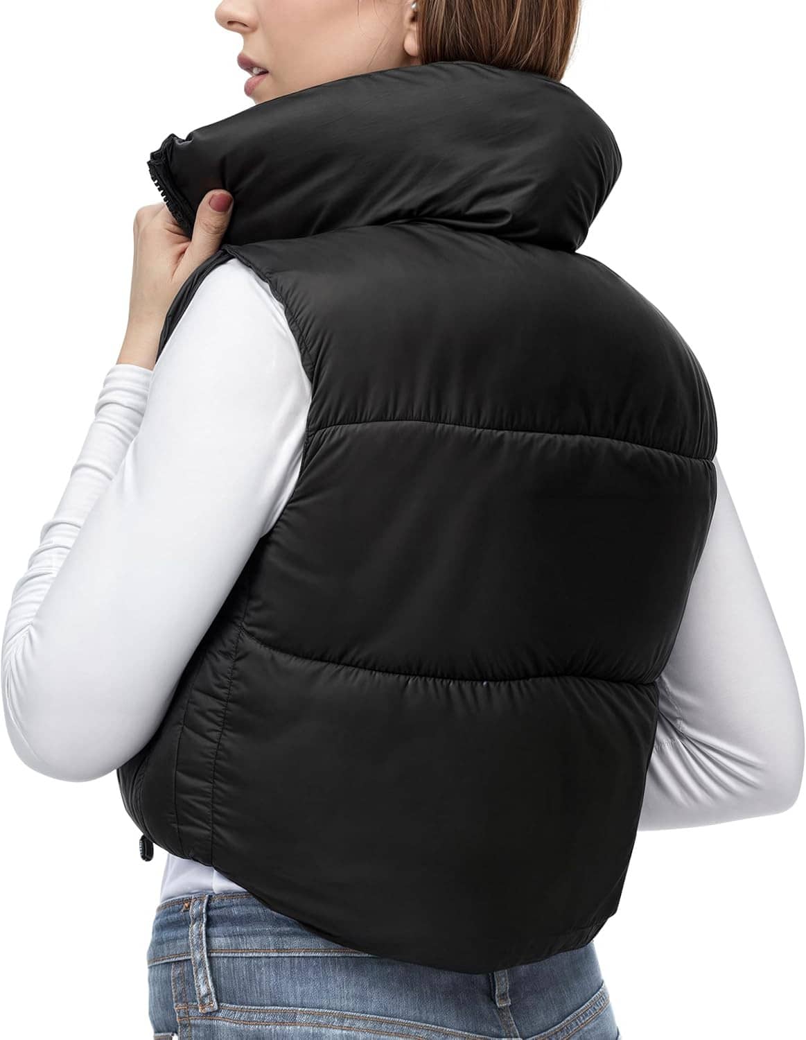 Women's cropped black puffer vest back view with stand collar and zip-front closure.