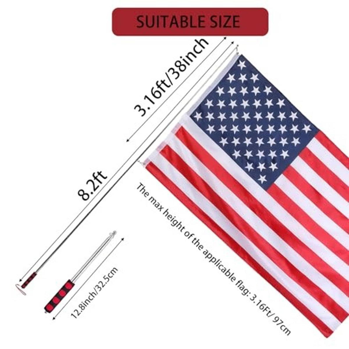 Telescopic flag pole height chart and 3x5 ft American flag size diagram with measurements