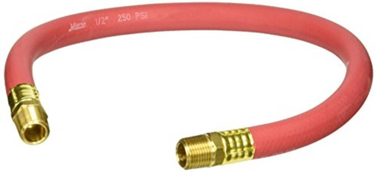 Red air hose with brass fittings and ribbed collars, 2 ft snubber nose
