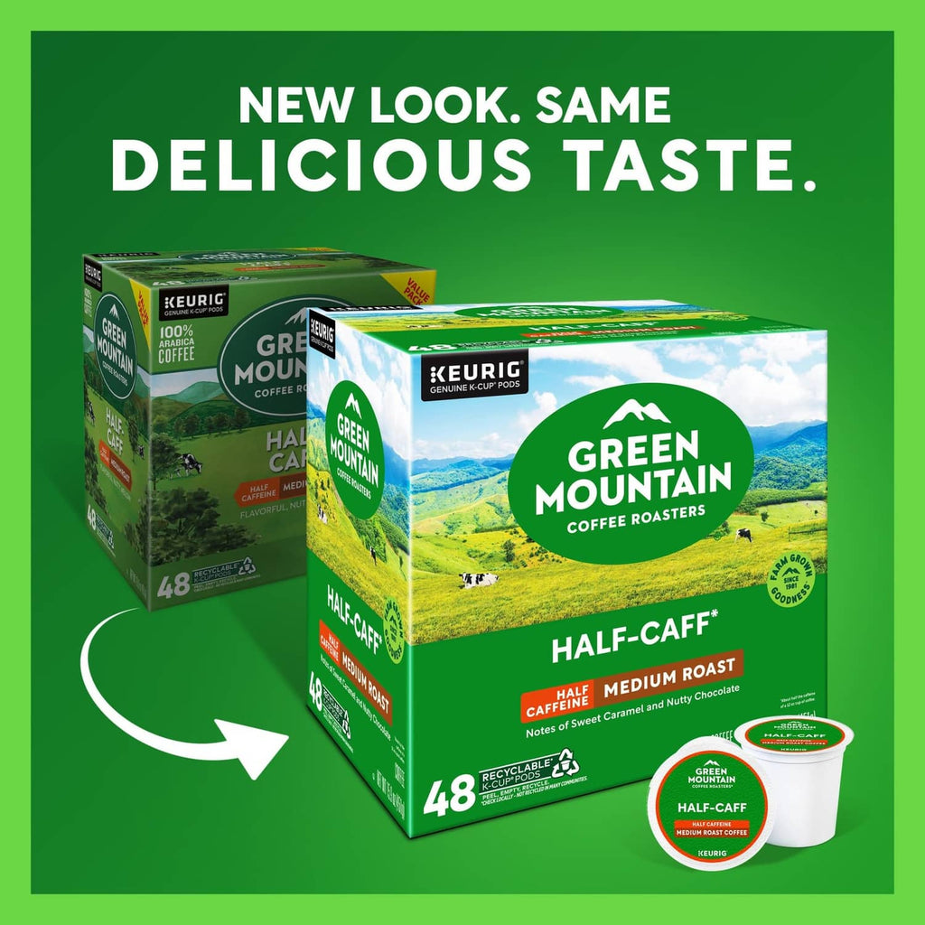 K-Cup pod boxes with half-caff pod cup, Keurig compatible, Green Mountain