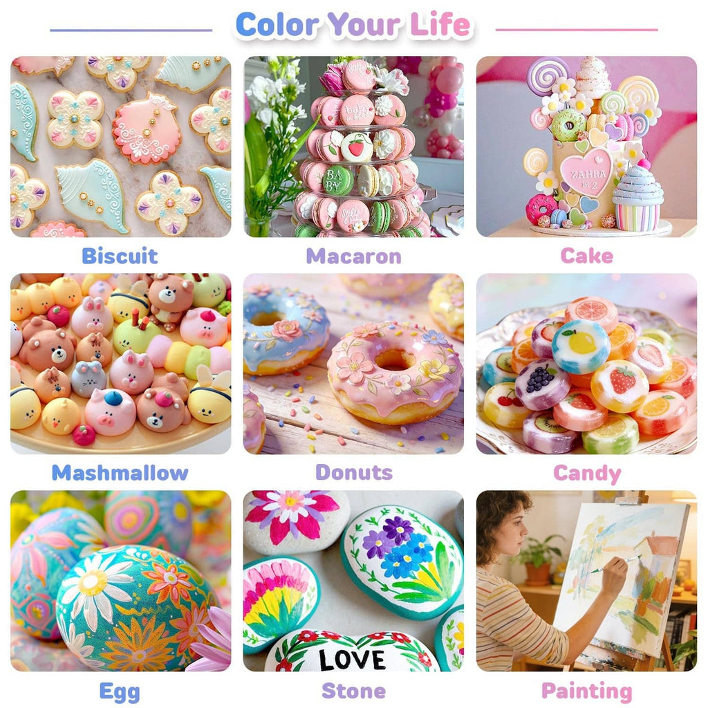 Edible ink coloring examples on cookies, macarons, donuts, candy, and eggs