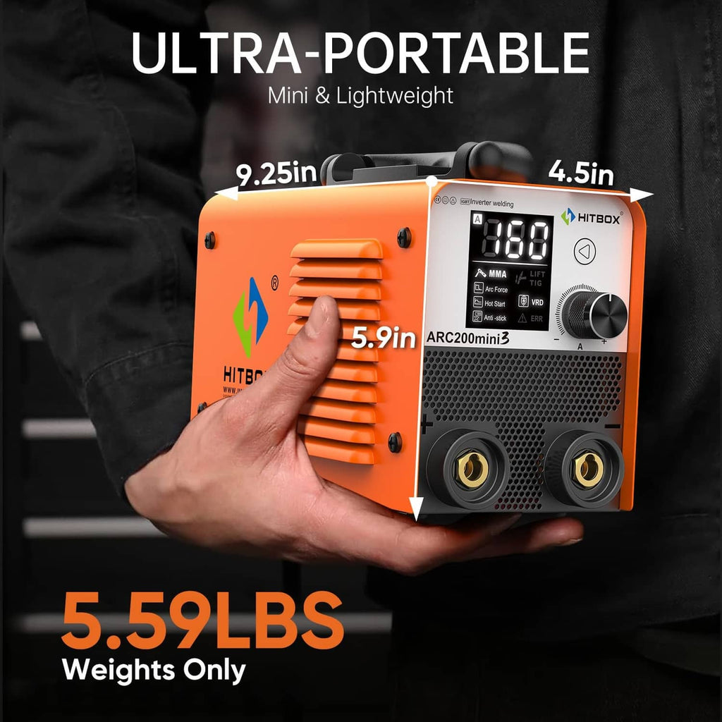 HITBOX ultra-portable orange stick welder held in hand, with digital display and knobs.