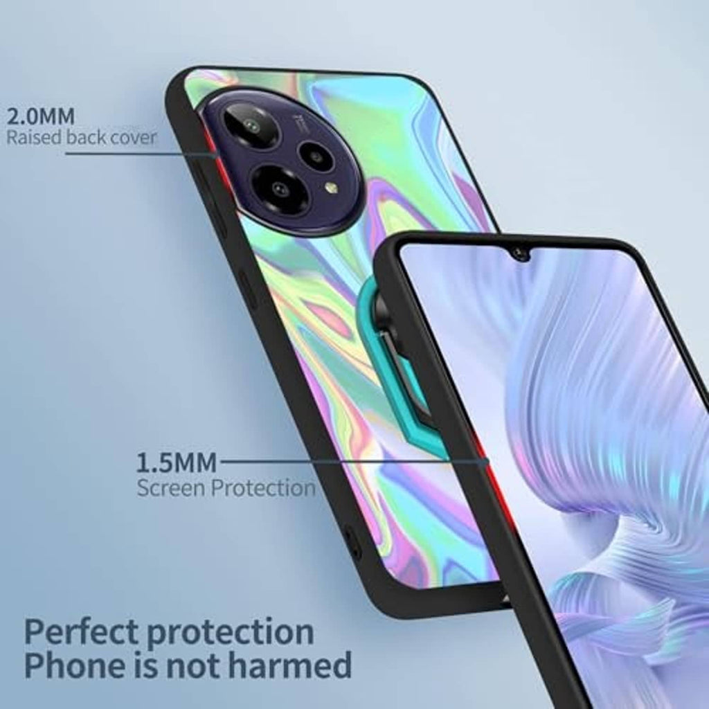 Iridescent wavy phone case with raised bezel and cutouts, plus teal ring stand