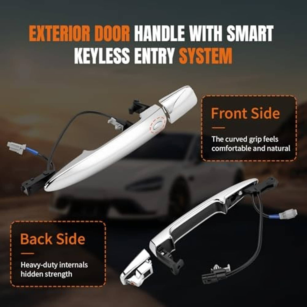Chrome exterior door handle with keyless entry components and wiring harness