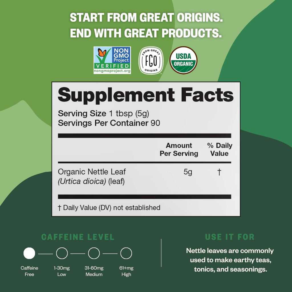Supplement Facts panel for organic nettle leaf tea, 5 g per serving