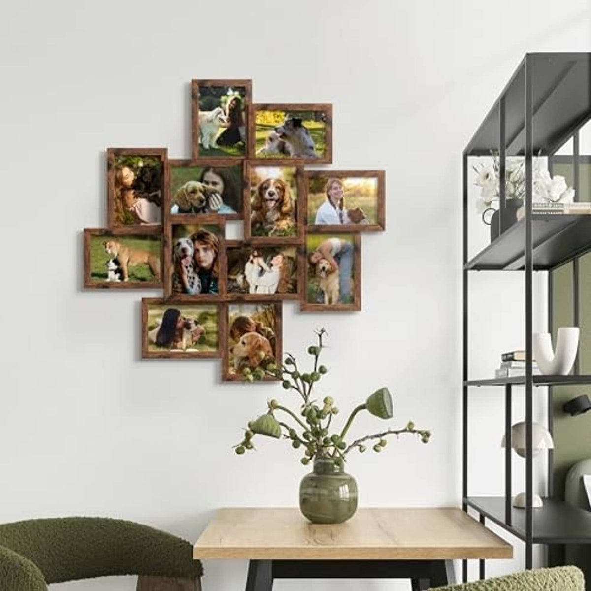 Brown wooden 4x6 collage photo frames mounted on a wall above a console table