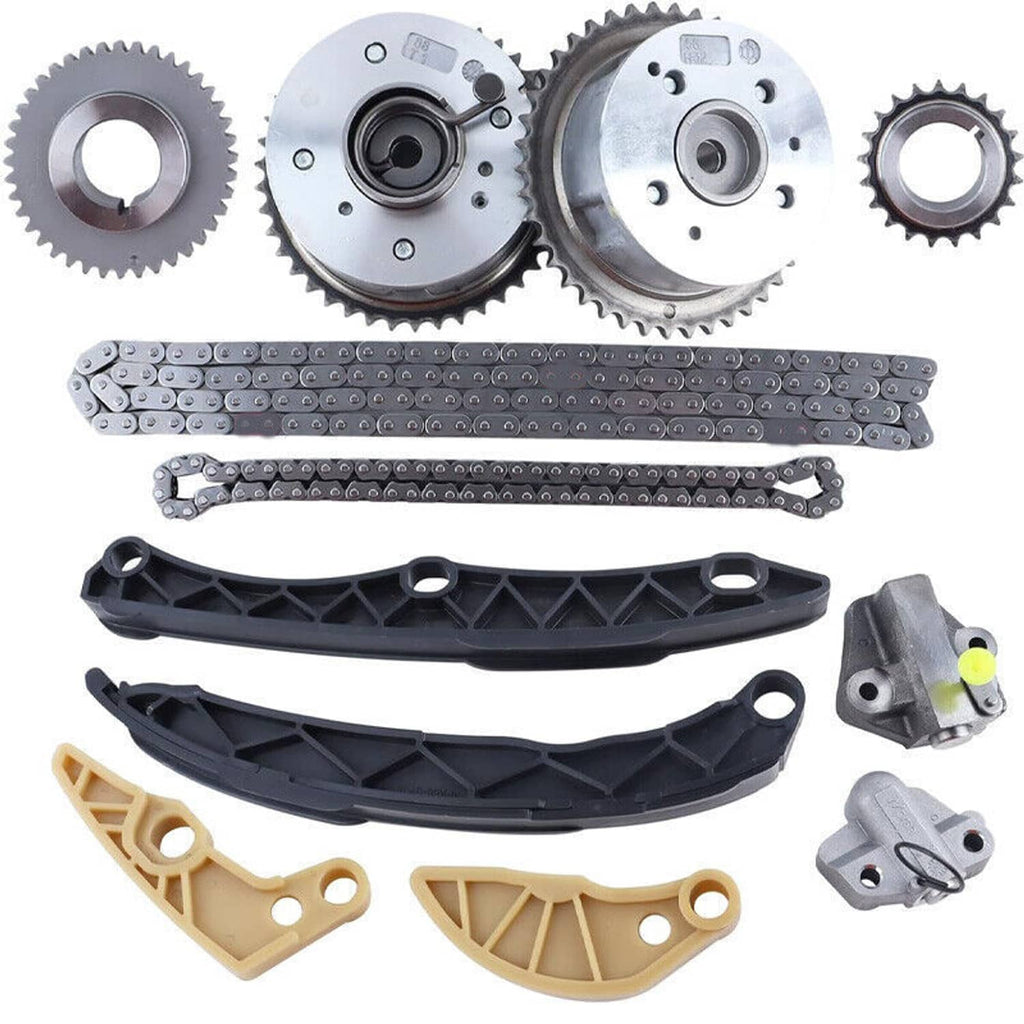Timing chain kit with camshaft gears, chain links, and plastic guide rails