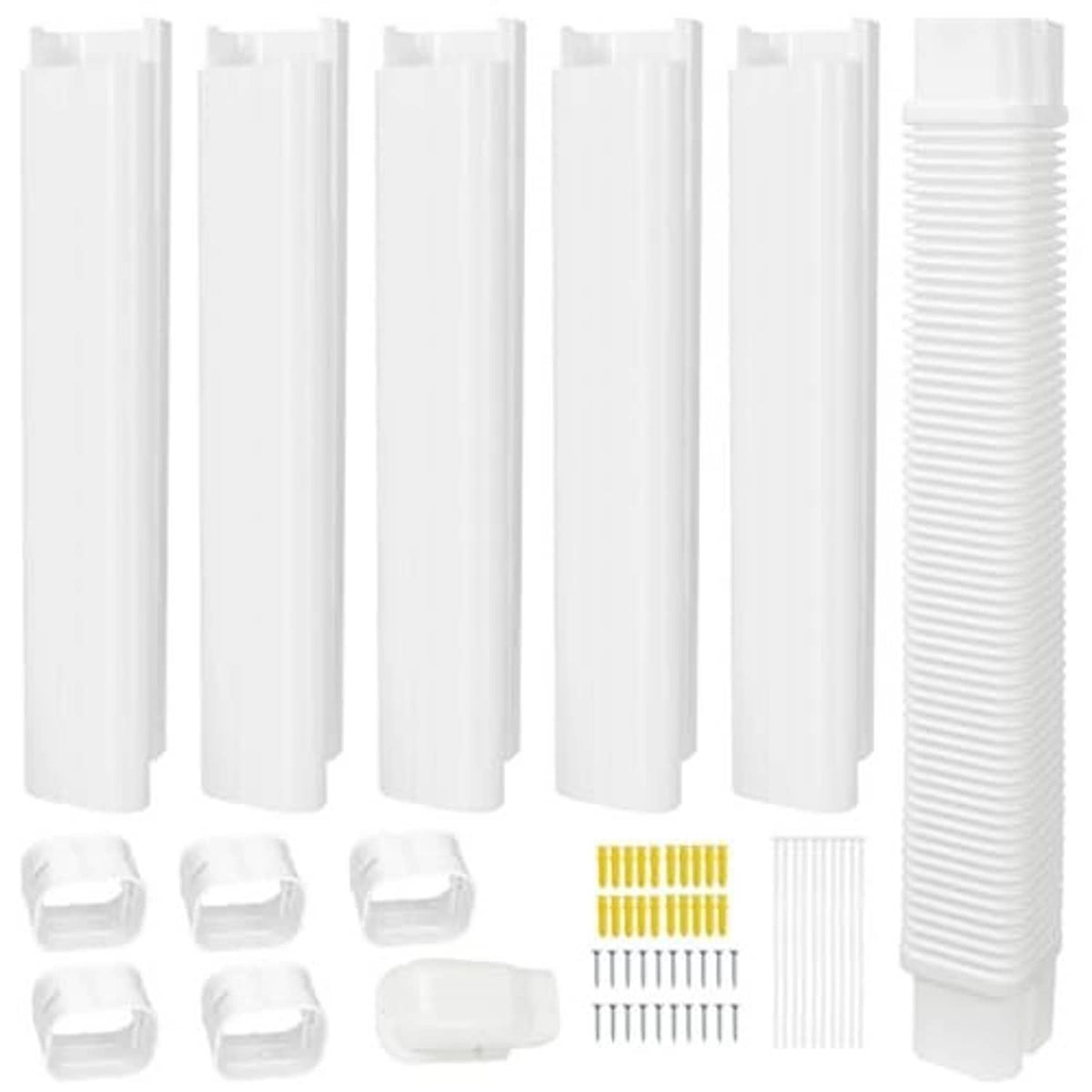White PVC mini split line set cover kit with straight ducts, corrugated flexible duct, fittings