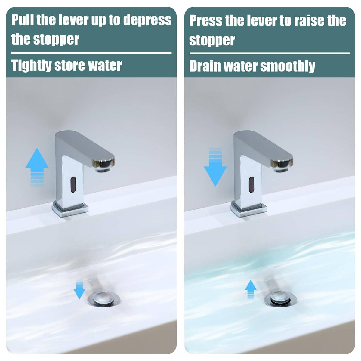Grey pop-up sink drain stopper over sink basin with lever raised and lowered