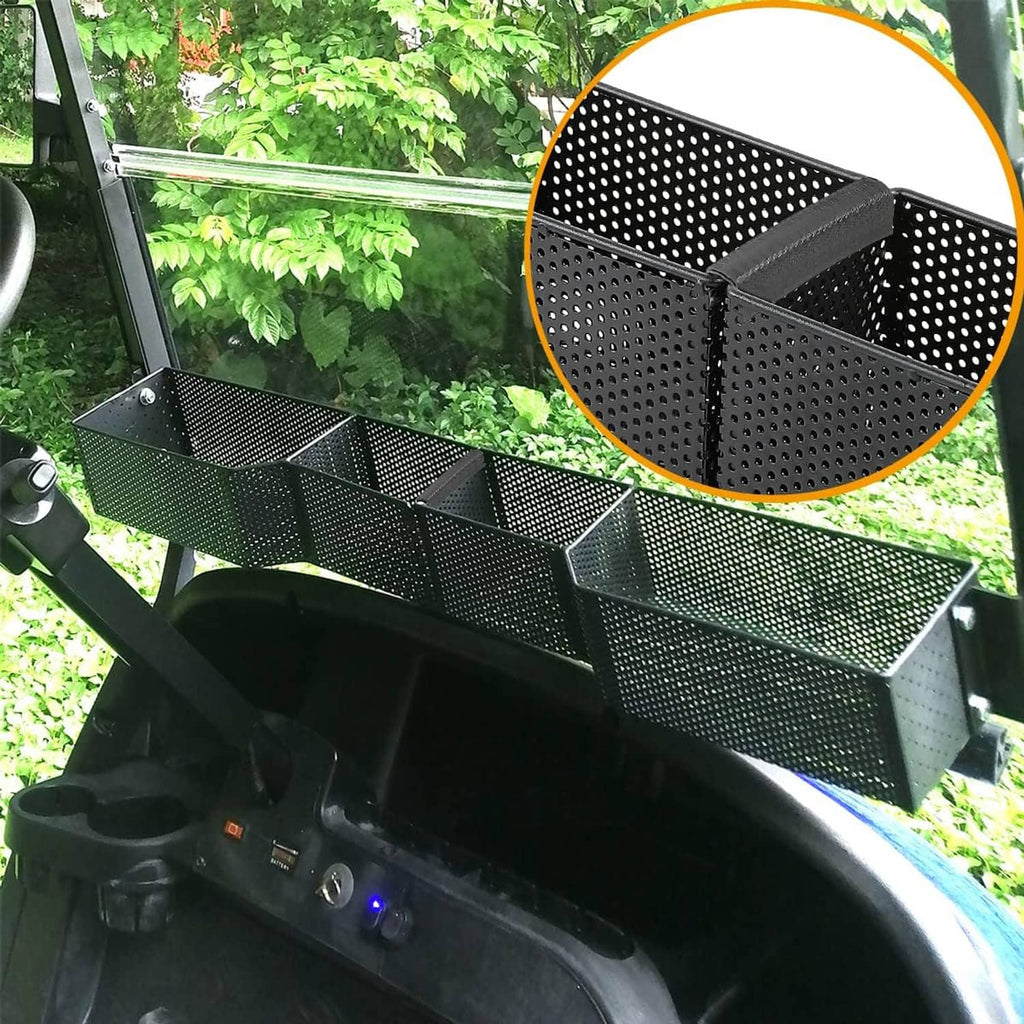 Close-up view of perforated mesh basket organizer with small divider compartments