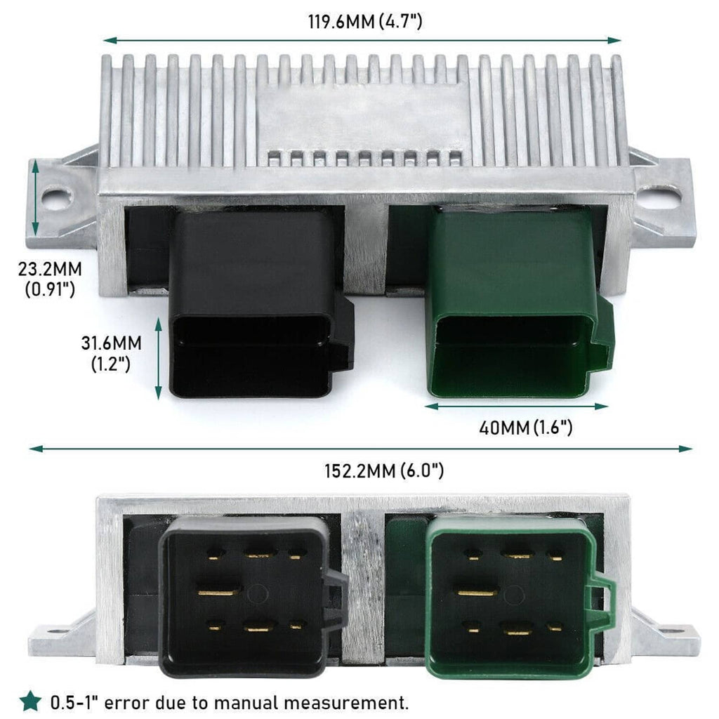Glow plug control relay module with dimensions diagram and black/green socket terminals
