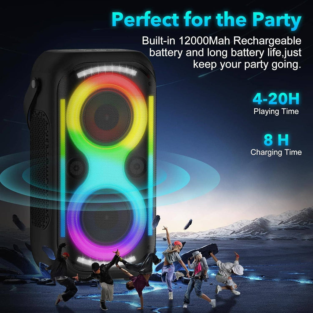 Rechargeable party speaker with RGB light rings around two woofers, black