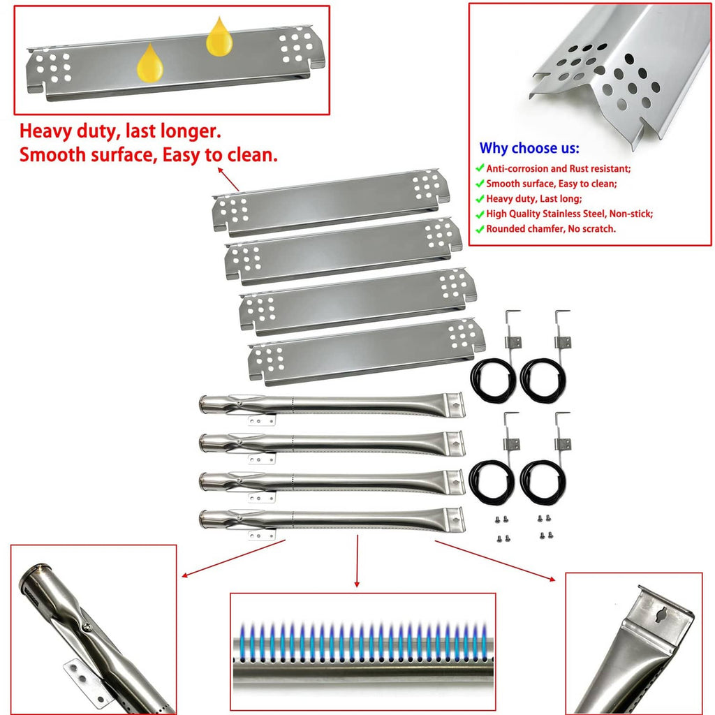 Stainless steel grill burner heat plates and burner tubes with ignition wires and clips