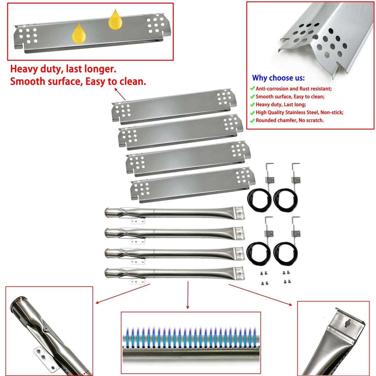 Stainless steel grill burner heat plates and burner tubes with ignition wires and clips