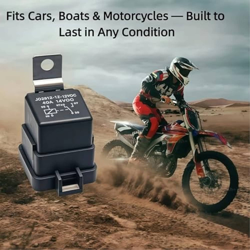12V relay with black body and metal mounting tab, suited for vehicles
