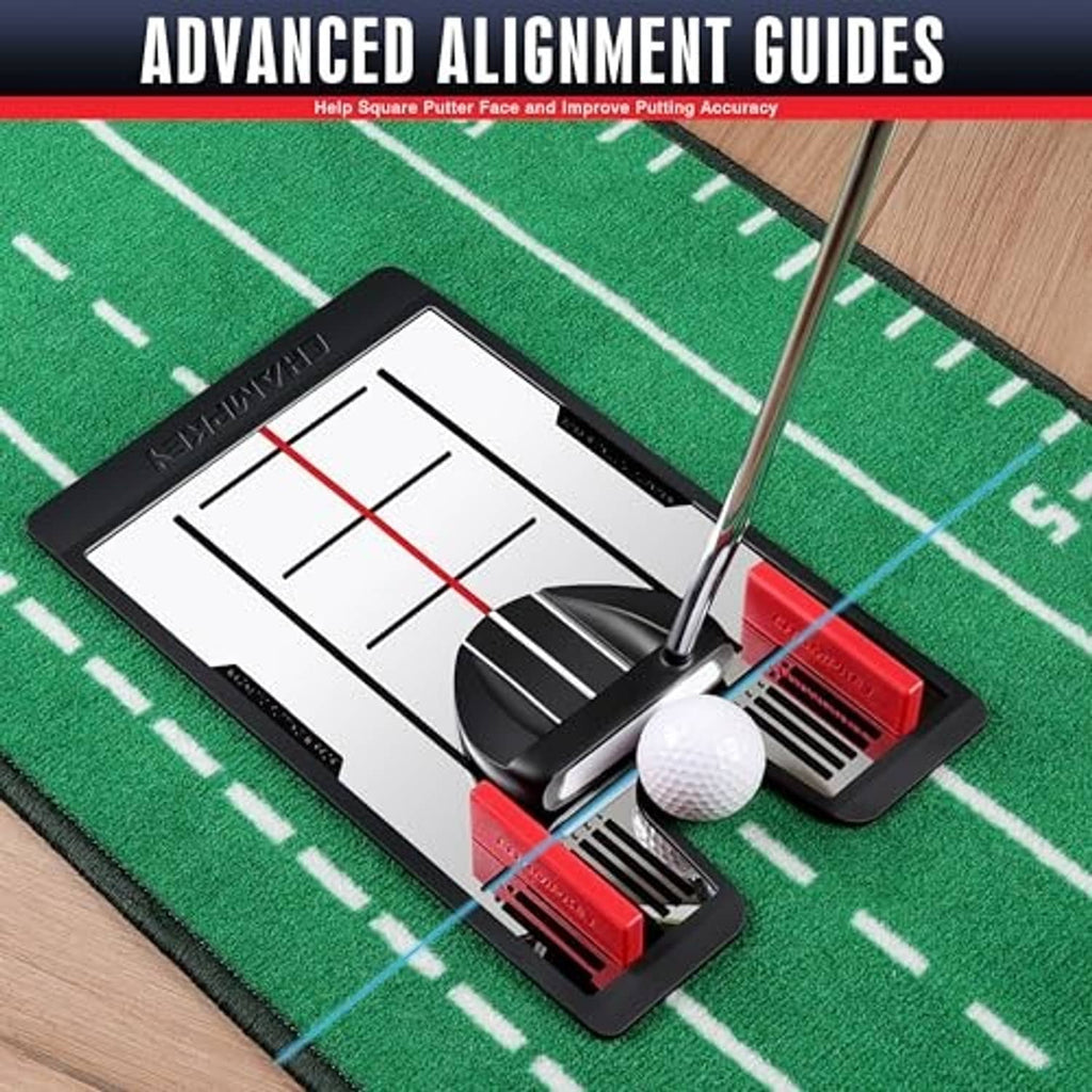 Putting mirror on turf with metal putter guide and red gate alignment blocks