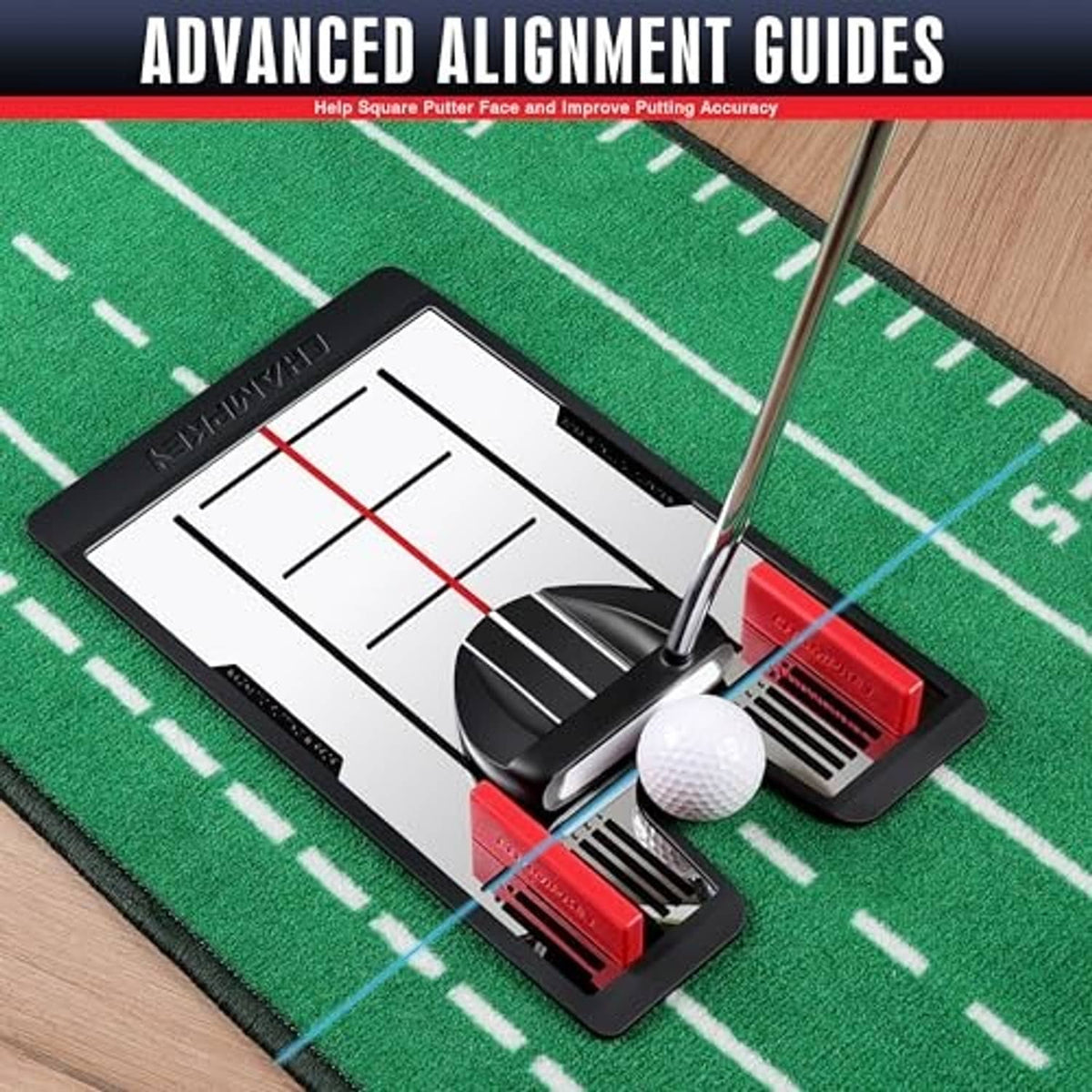 Putting mirror on turf with metal putter guide and red gate alignment blocks