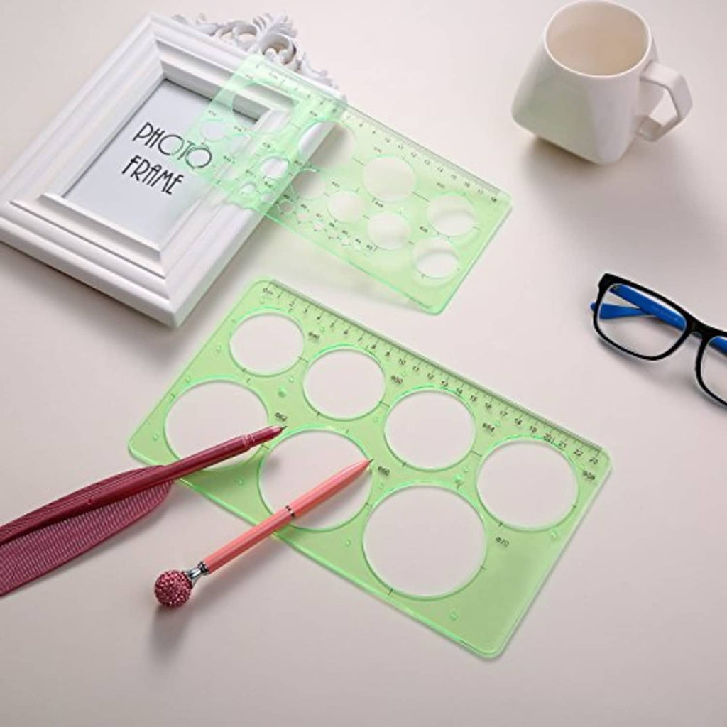 Green clear circle and oval drawing templates with multiple cutout sizes