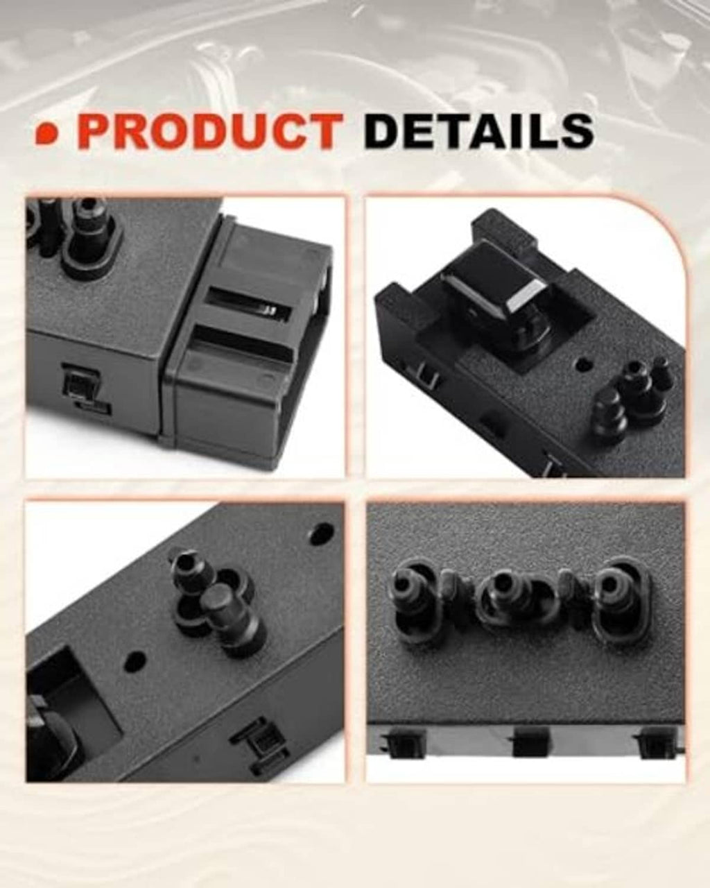 Seat adjustment switch close-ups showing pin connector and mounting slots
