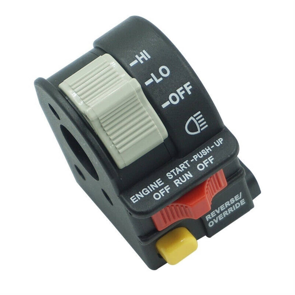Left handlebar switch with HI/LO dial, OFF/ON markings, red and yellow buttons
