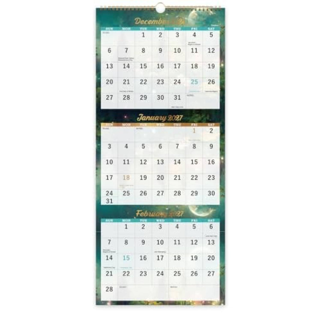 Green hanging three-month wall calendar showing month date grids
