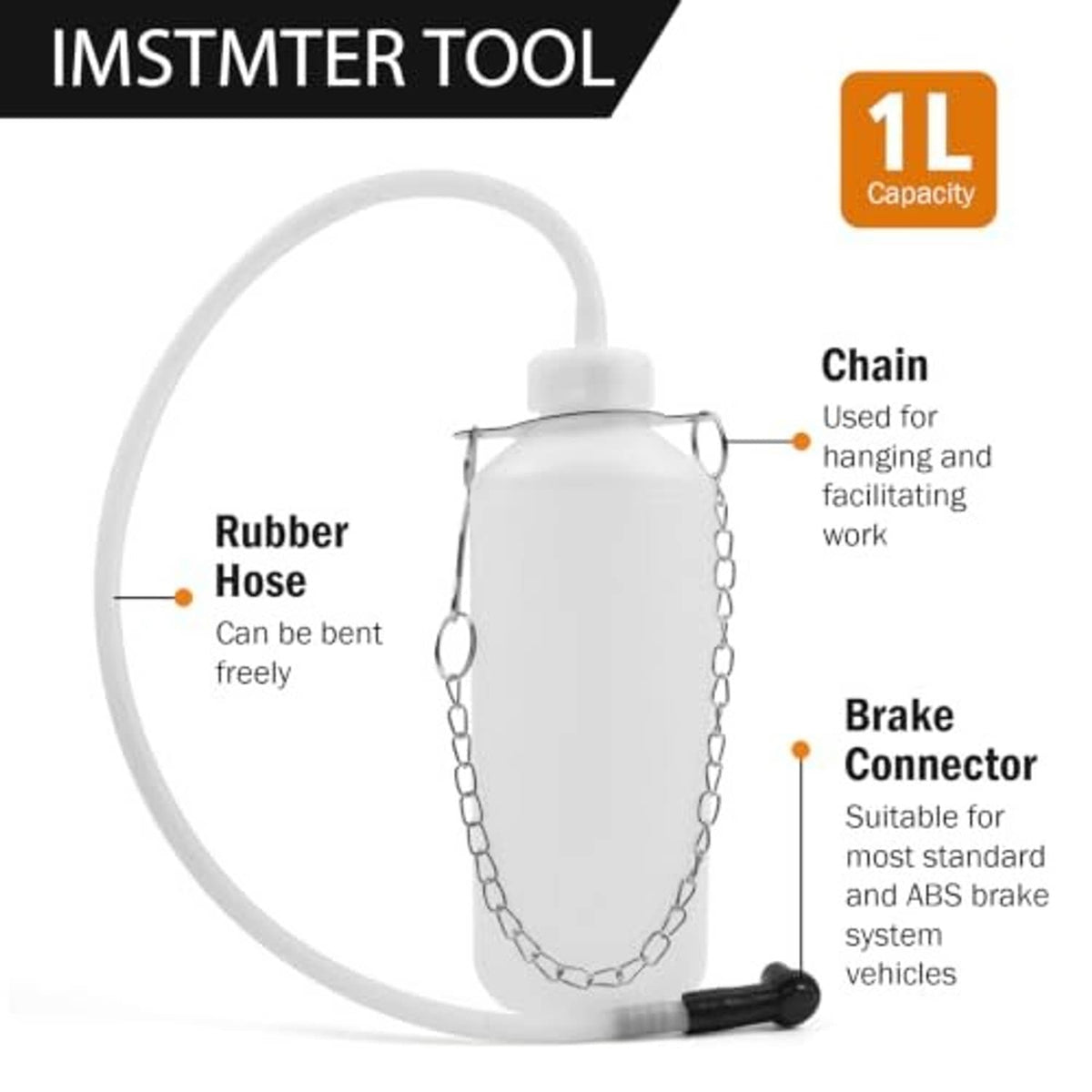 Brake fluid one-person bleeder bottle with hose, chain lanyard, and brake connector