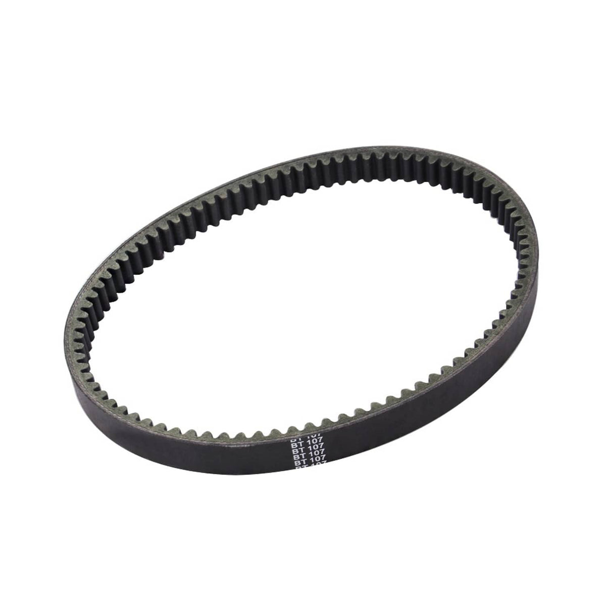 Black rubber drive belt with toothed ribs along the outer edge