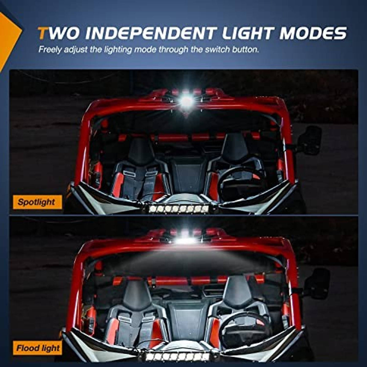 UTV dome LED light bar with two bright LED lenses on the roll cage
