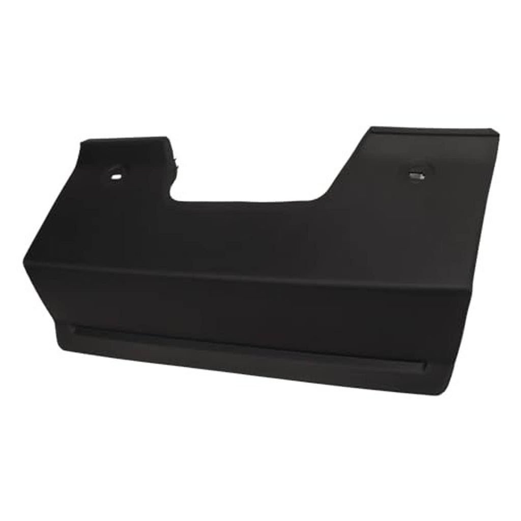 Rear bumper tow hook cover with lower tab, matte black plastic