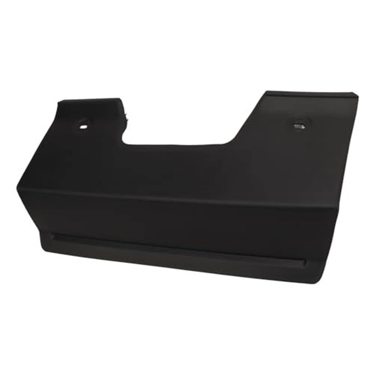 Rear bumper tow hook cover with lower tab, matte black plastic