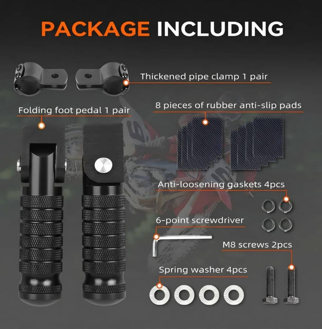Black motorcycle foot peg hardware kit with anti-loosening washers, screws, and grip pads