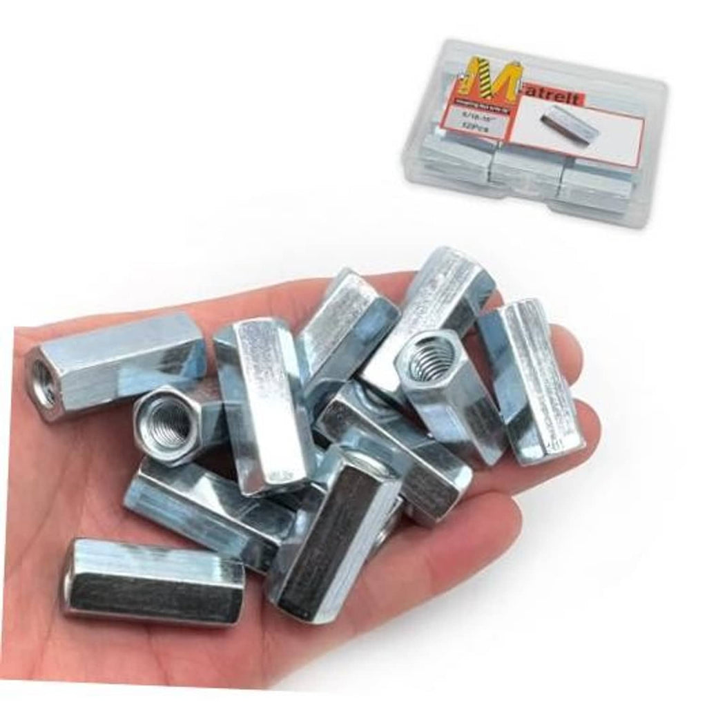 Silver hex coupling nuts, 5/16-18 threaded, shown in hand with multiple pieces