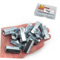 Silver hex coupling nuts, 5/16-18 threaded, shown in hand with multiple pieces