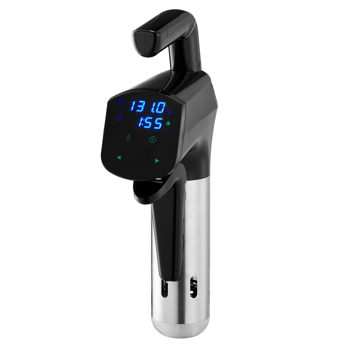 Sous vide precision cooker with angled LED control panel, stainless steel heater