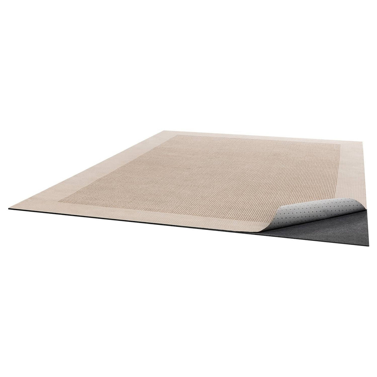 Beige felt rug pad with textured top and gray rubber underside for non-slip