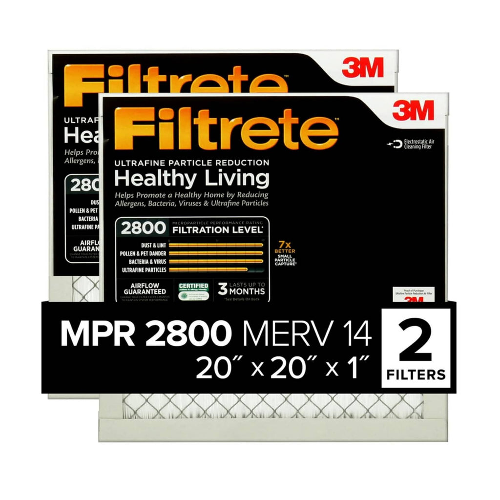 Filtrete air filter box pack labeled Healthy Living MPR 2800 MERV 14, 20x20x1