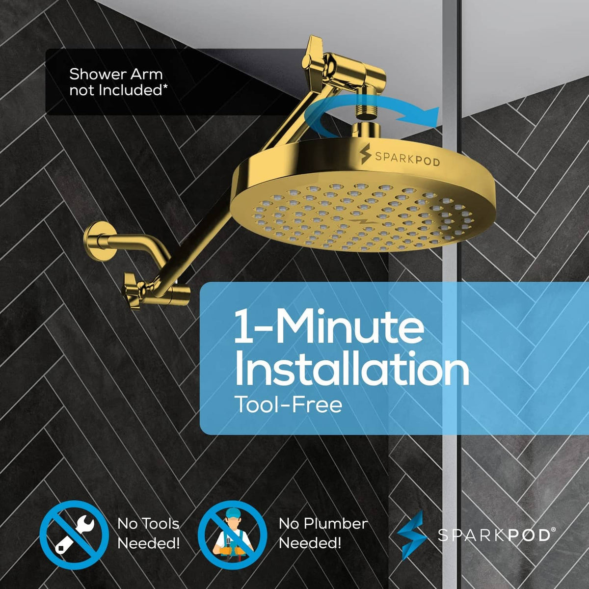 Egyptian gold rain shower head on wall mount with shower arm and bracket