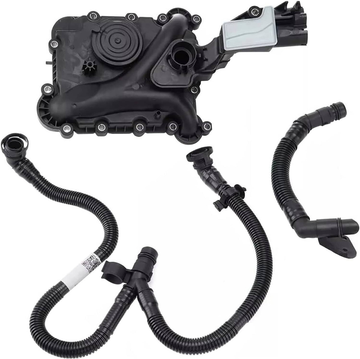 PCV oil separator housing with black hoses and quick-connect fittings