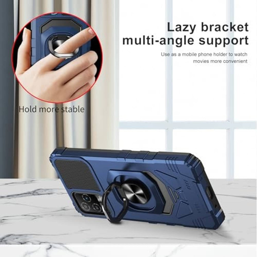 Blue rugged phone case with built-in ring stand for multi-angle support