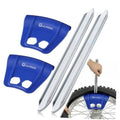 Blue rim protectors and two silver tire irons, ready for dirt bike tire changes