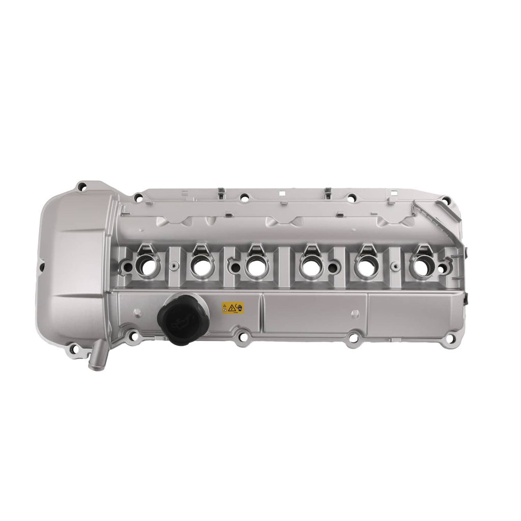 Aluminum engine valve cover, silver-gray with port row and black oil filler cap