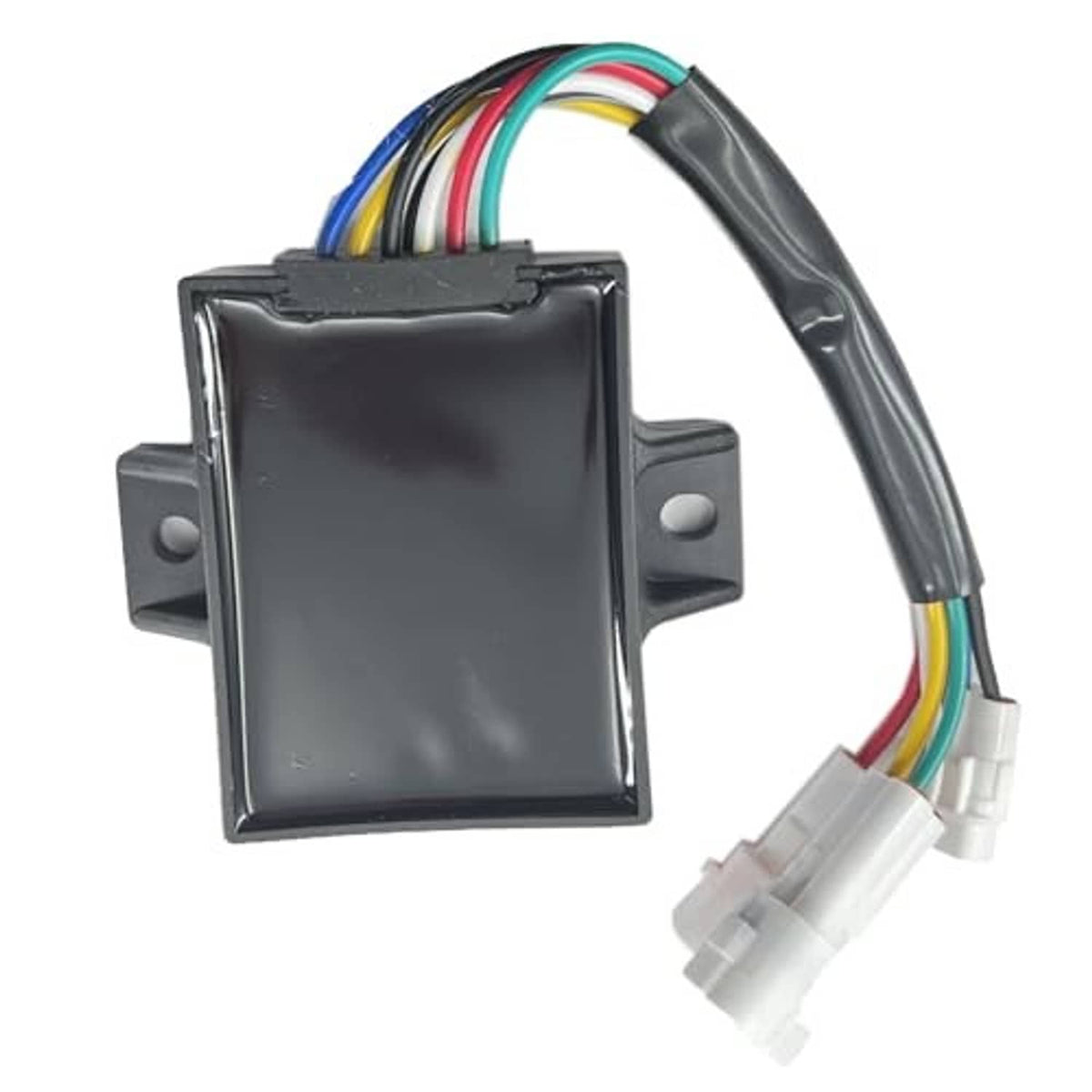 Black CDI ignition module with connected wire harness and white plug connectors