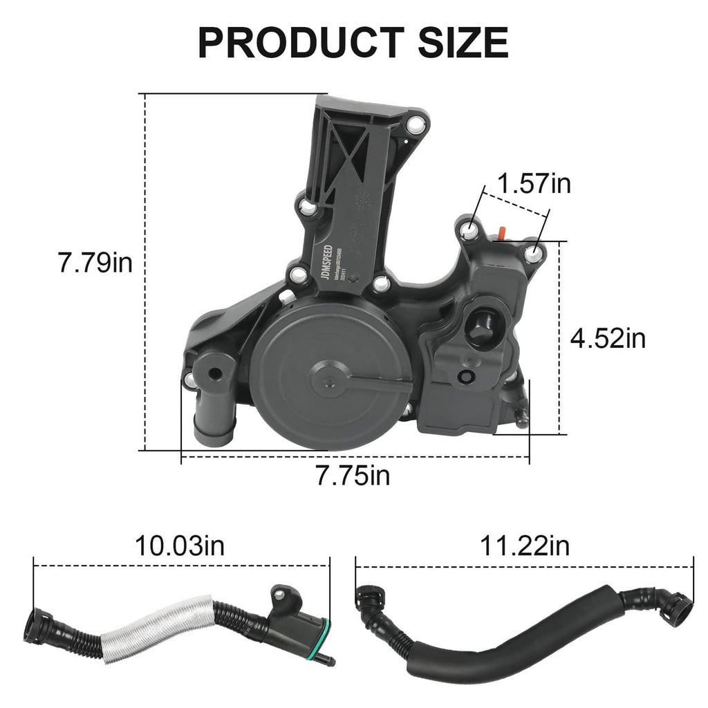 PCV oil separator valve assembly with hoses, shown with size measurement diagram