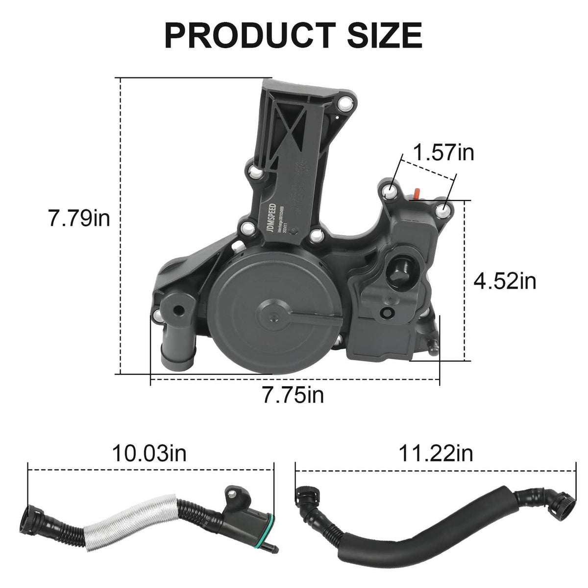 PCV oil separator valve assembly with hoses, shown with size measurement diagram