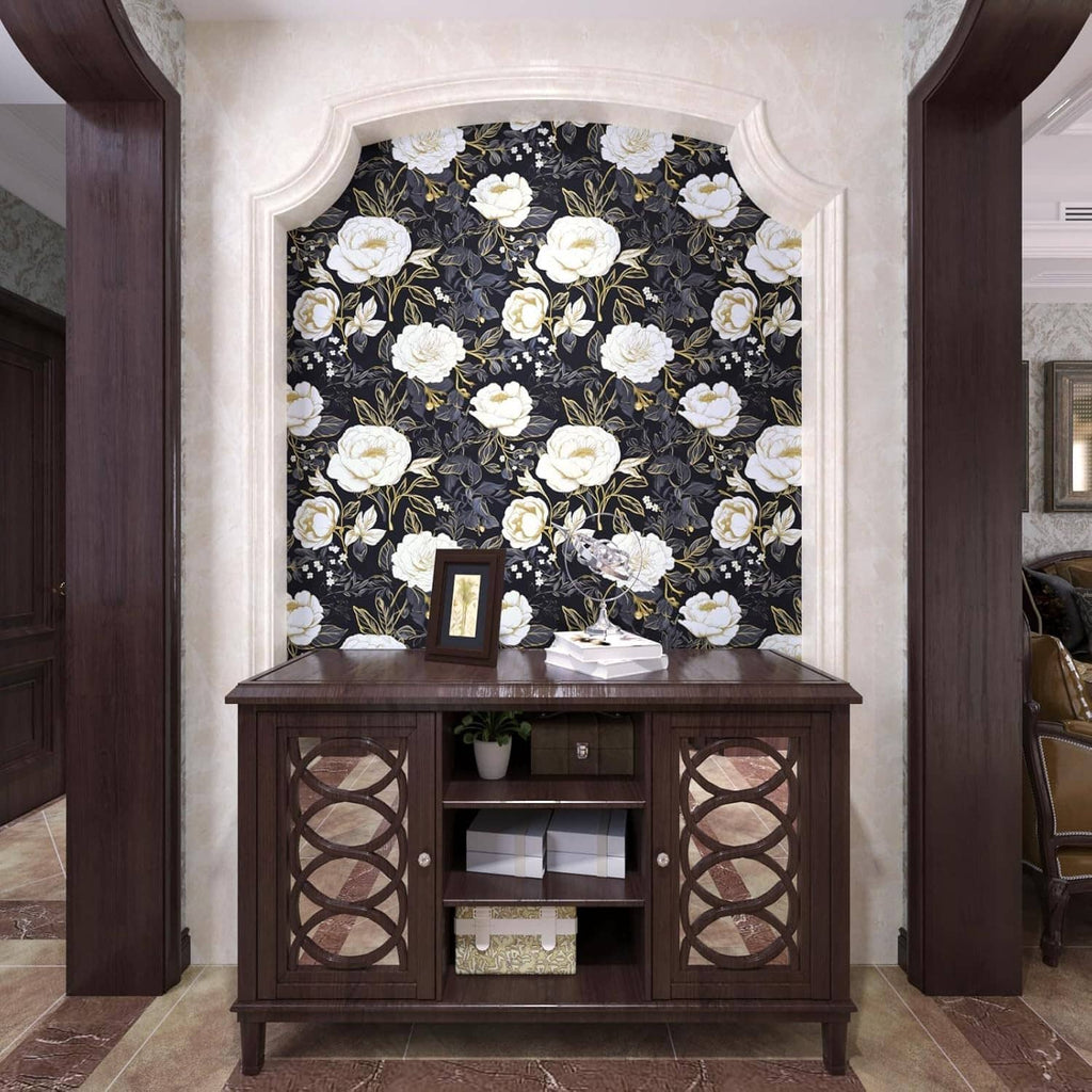 Peel-and-stick floral wallpaper on vanity backboard: white roses with gold leaves, dark blue